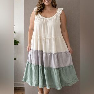 White Birch Cream, Gray, and Green Midi Dress